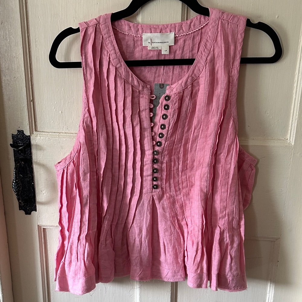 Anthropologie Pink Pleated Tank Top 100% Linen